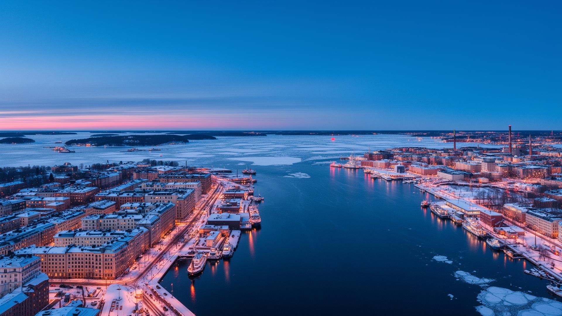 Helsinki seaside at dusk, seen across the Baltic waterfront
